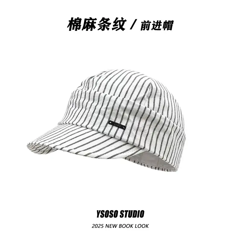 Japanese Retro White Striped Duckbill Cap for Women - Image 2