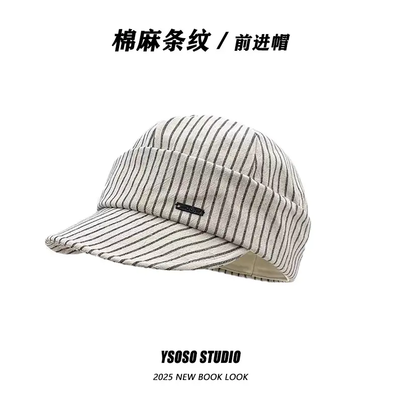 Japanese Retro White Striped Duckbill Cap for Women - Image 3
