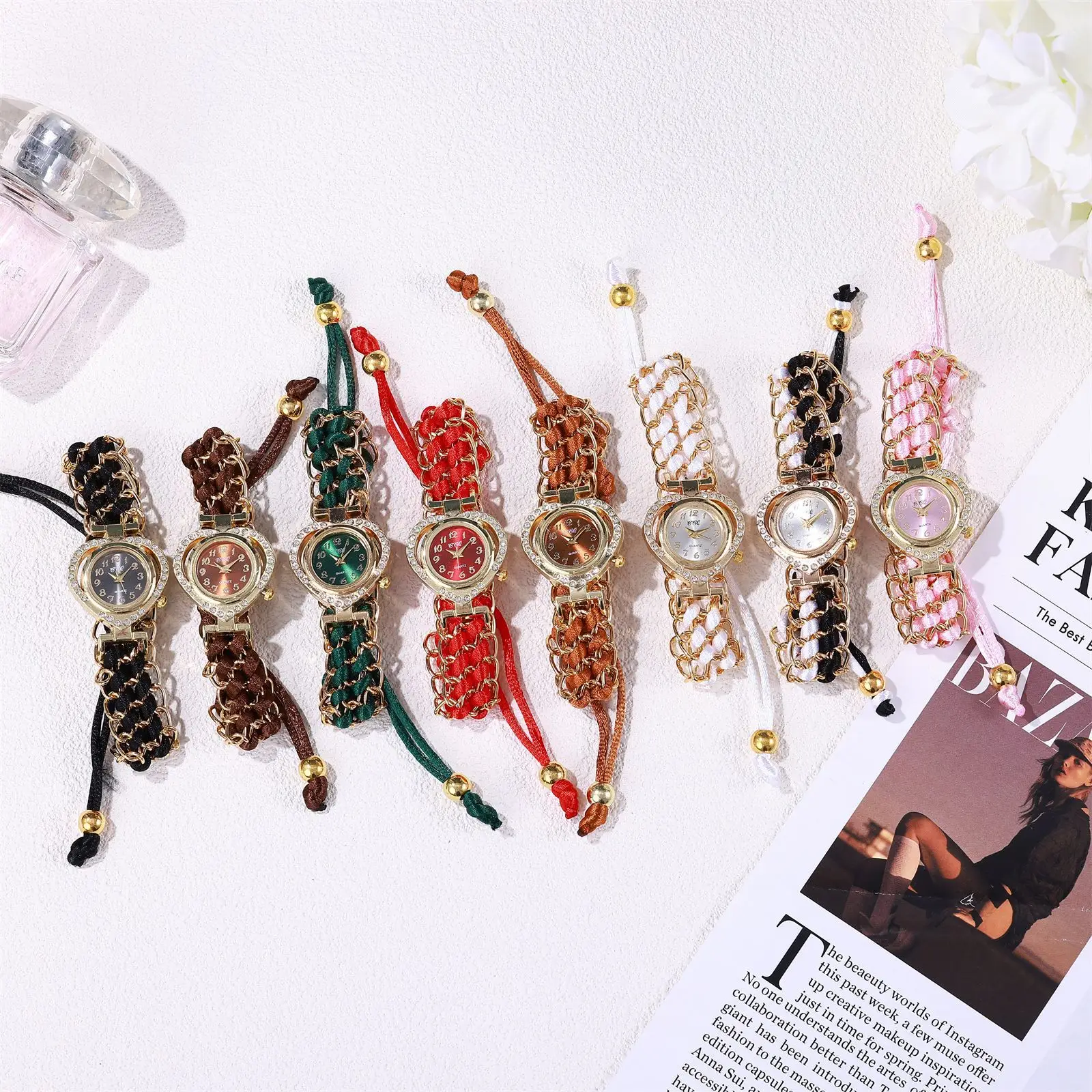 Women's Heart-Shaped Quartz Watch with Gold Braided Bracelet - Image 9