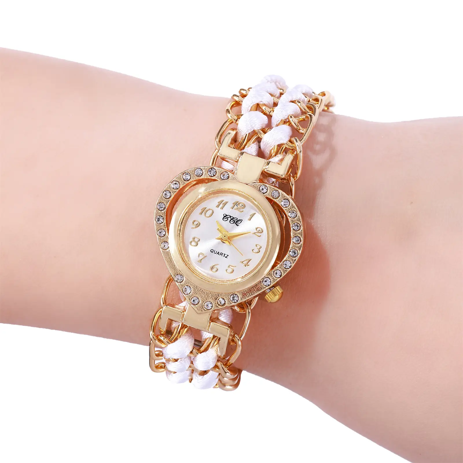 Women's Heart-Shaped Quartz Watch with Gold Braided Bracelet — feature 7