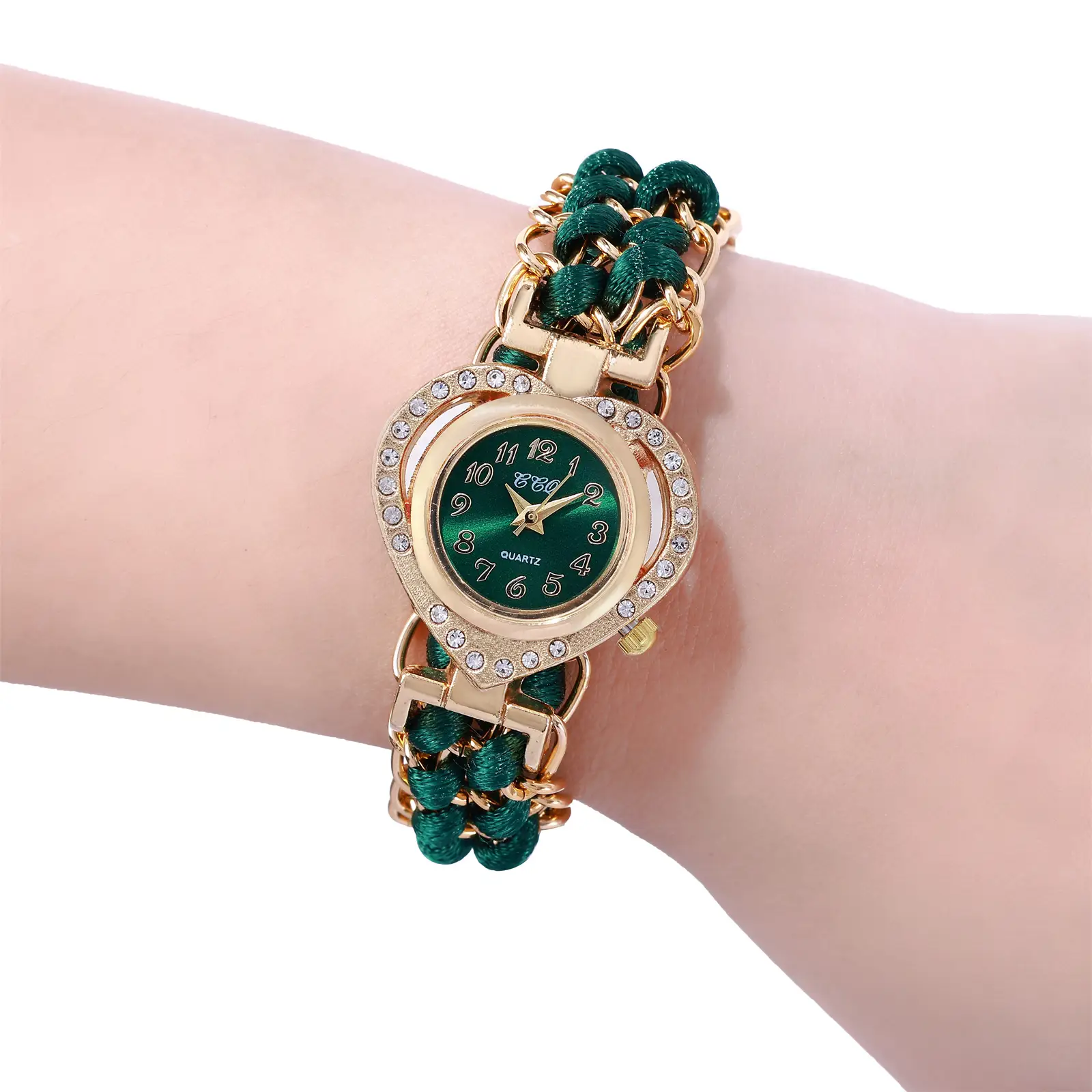 Women's Heart-Shaped Quartz Watch with Gold Braided Bracelet — feature 8