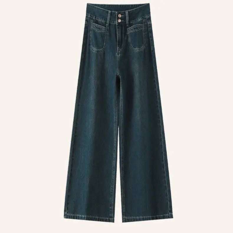 Dark Blue Wide Leg Jeans Women Autumn Loose Fit