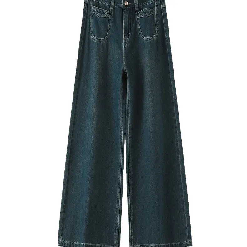 Dark Blue Wide Leg Jeans Women Autumn Loose Fit