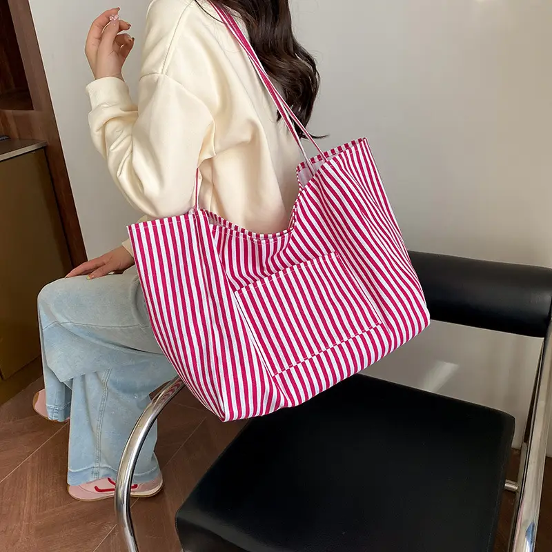 Women Large Striped Canvas Shoulder Bag - Image 5
