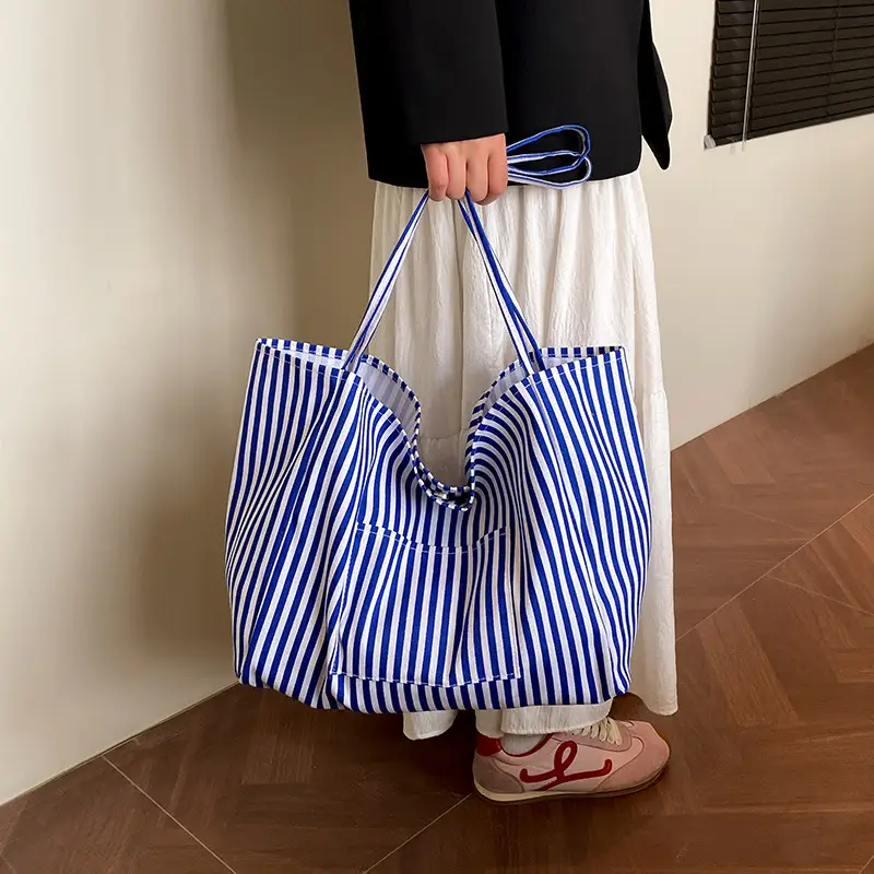 Women Large Striped Canvas Shoulder Bag - Image 6