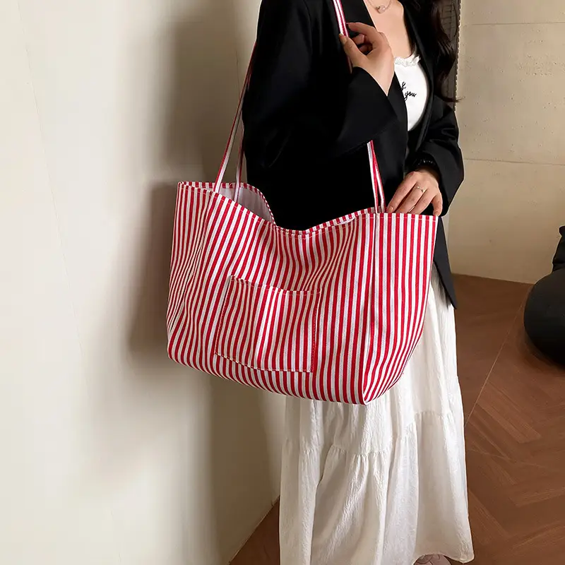 Women Large Striped Canvas Shoulder Bag - Image 7