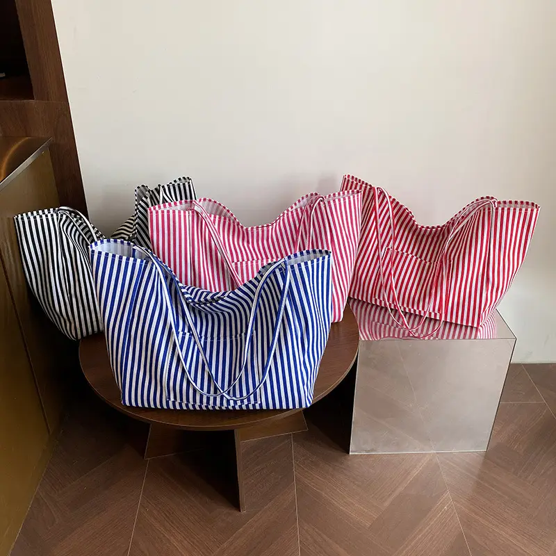 Women Large Striped Canvas Shoulder Bag - Image 8