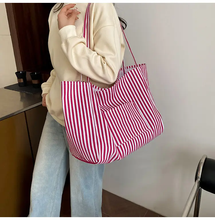 Women Large Striped Canvas Shoulder Bag — feature 14