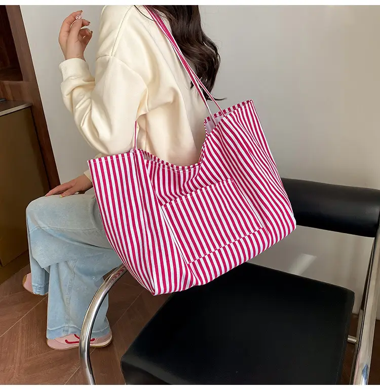 Women Large Striped Canvas Shoulder Bag — feature 15