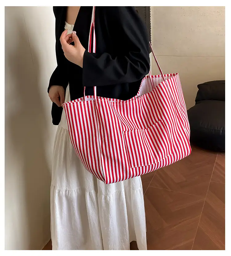 Women Large Striped Canvas Shoulder Bag — feature 2