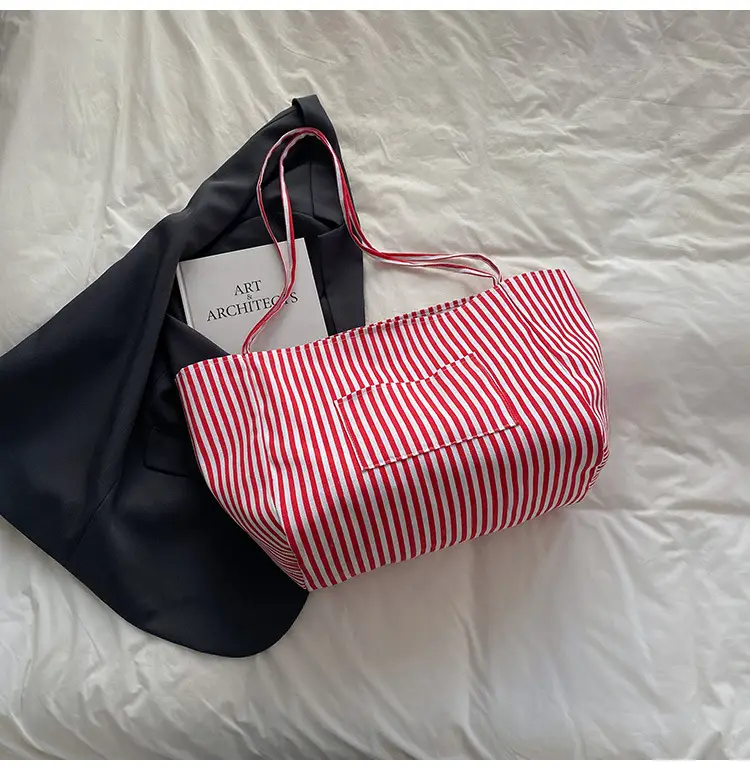 Women Large Striped Canvas Shoulder Bag - Image 2