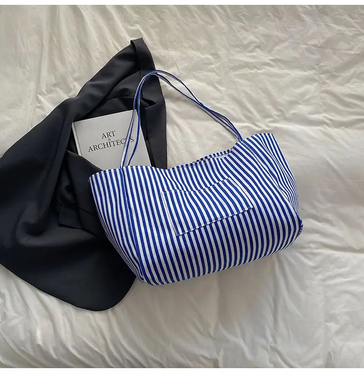 Women Large Striped Canvas Shoulder Bag - Image 4