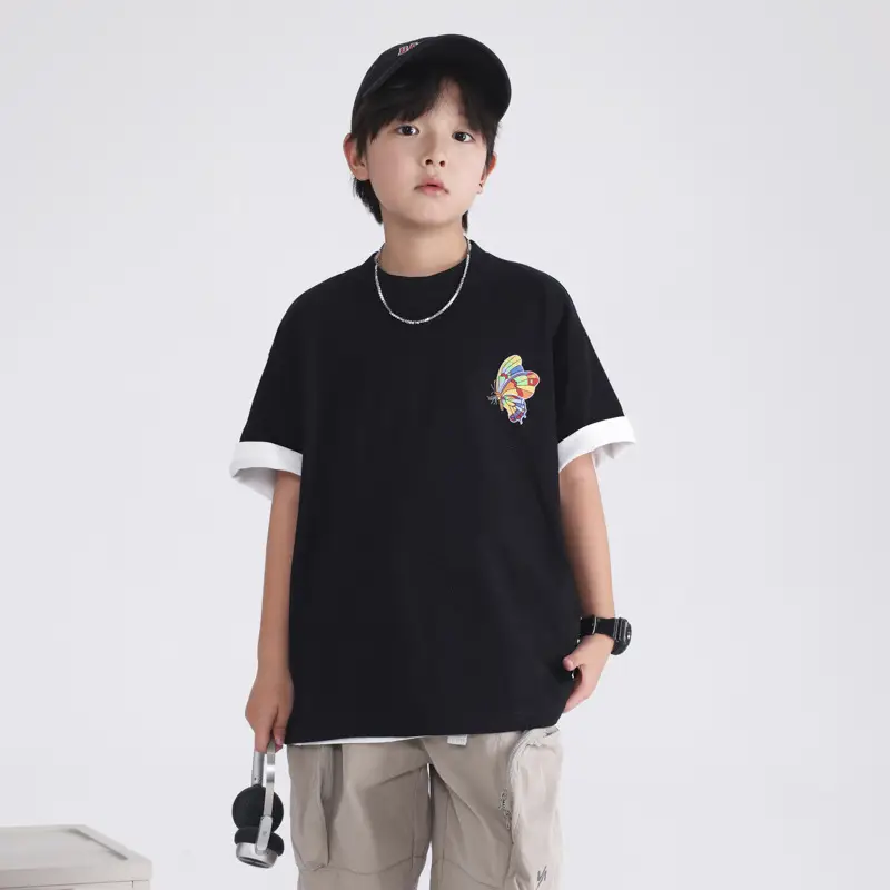 Boys' Black Butterfly Embroidered 20S T-Shirt