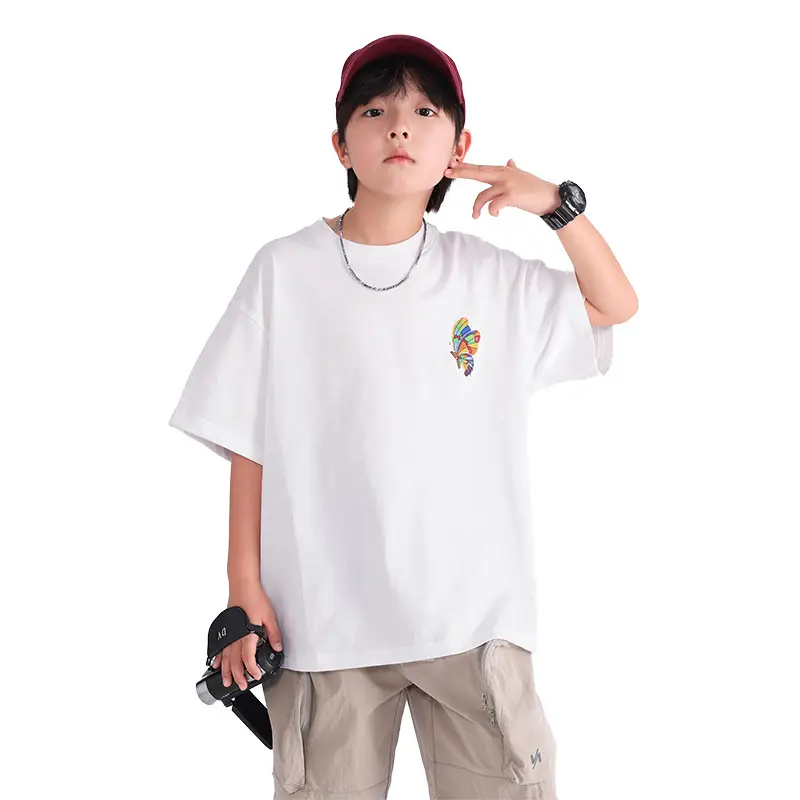 Boys' Black Butterfly Embroidered 20S T-Shirt