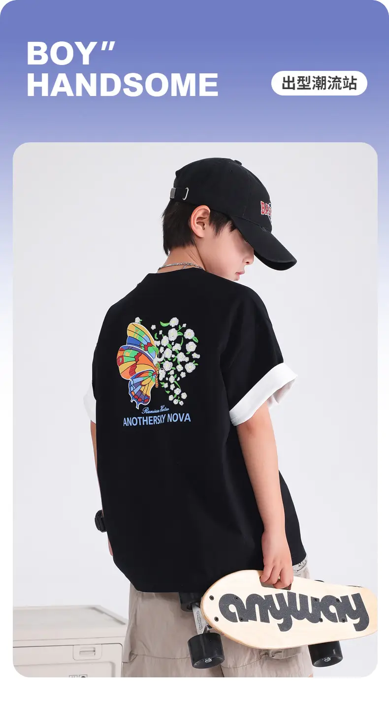 Boys' Black Butterfly Embroidered 20S T-Shirt — feature 1