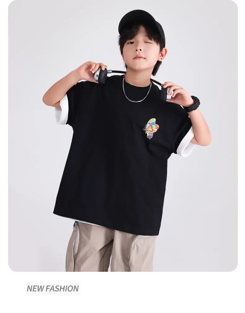 Boys' Black Butterfly Embroidered 20S T-Shirt — feature 10