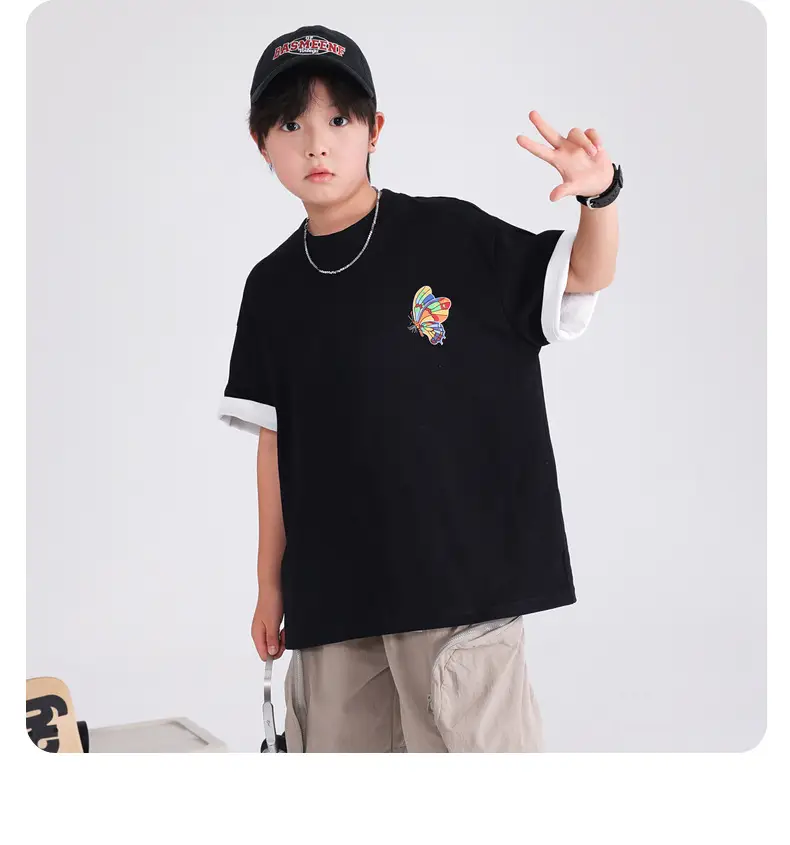 Boys' Black Butterfly Embroidered 20S T-Shirt — feature 11