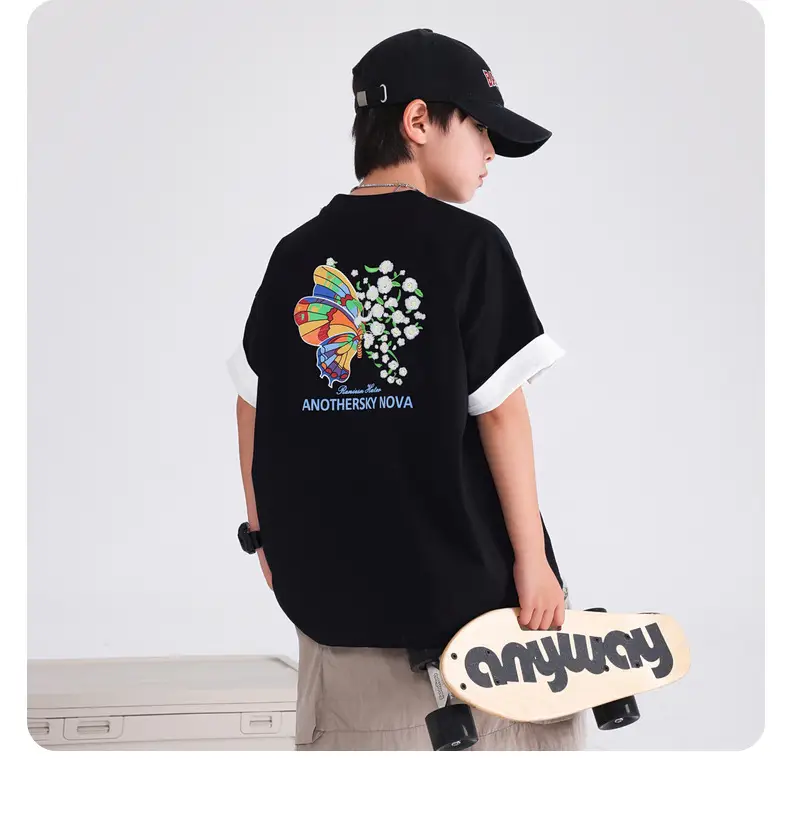 Boys' Black Butterfly Embroidered 20S T-Shirt — feature 12