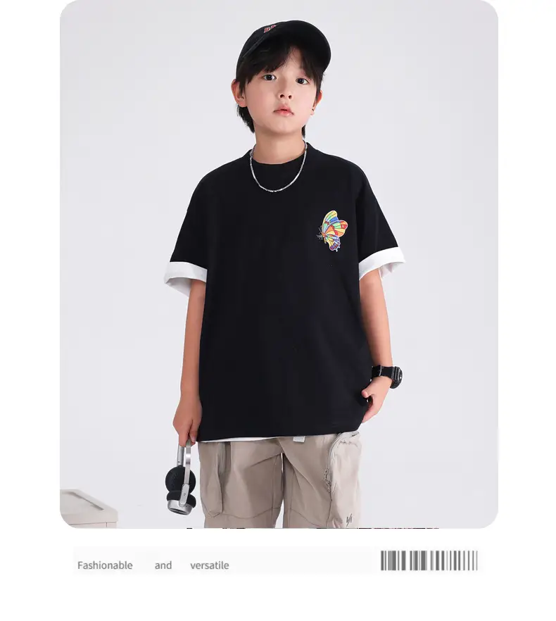 Boys' Black Butterfly Embroidered 20S T-Shirt — feature 9