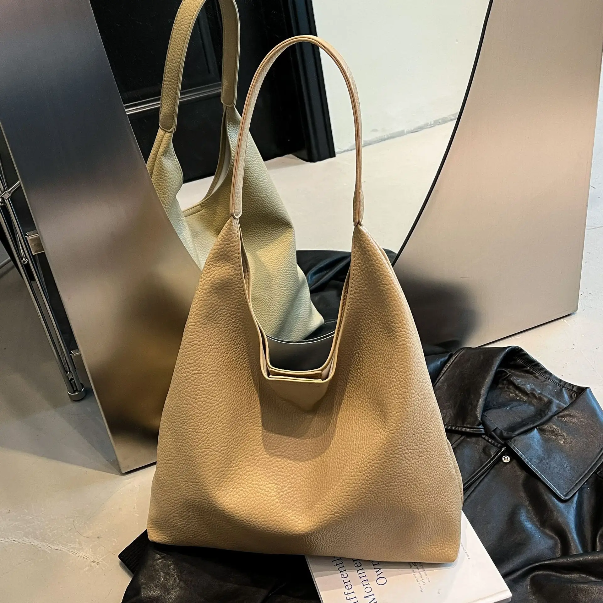 2025 Women's Beige Textured Shoulder Bag with Matching Tote - Image 10