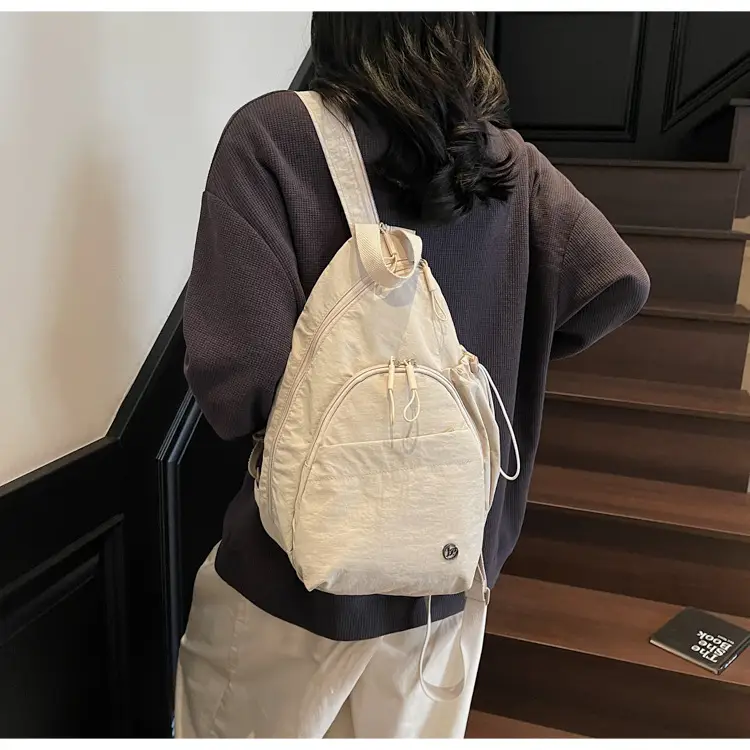 Women's Cream Cotton Chest Backpack with Drawstring Closure — feature 11