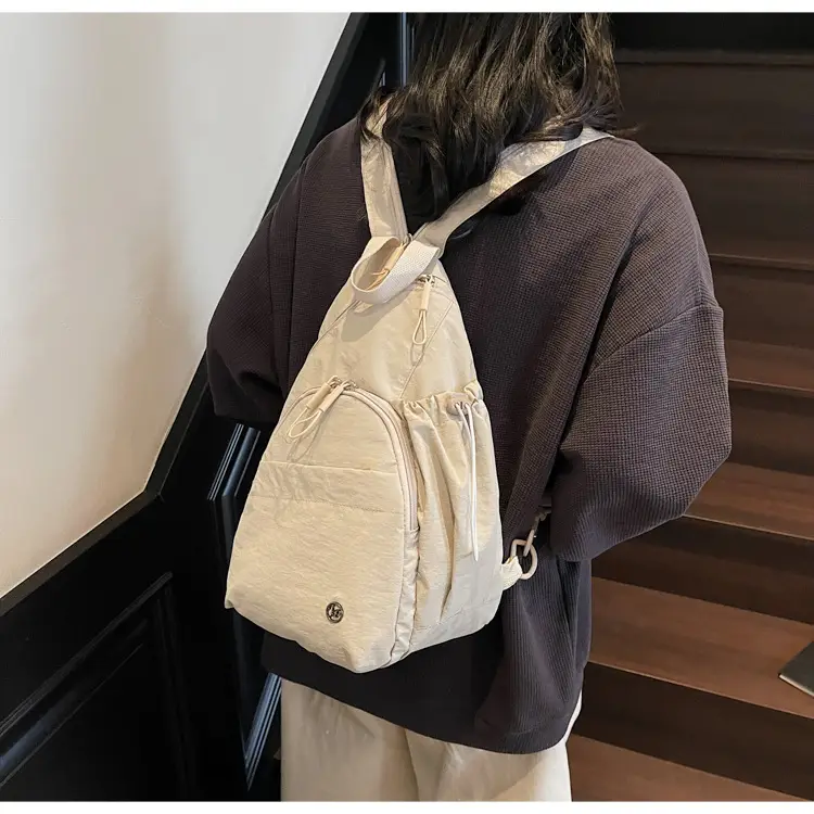 Women's Cream Cotton Chest Backpack with Drawstring Closure — feature 12