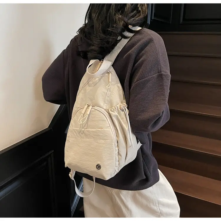 Women's Cream Cotton Chest Backpack with Drawstring Closure — feature 13