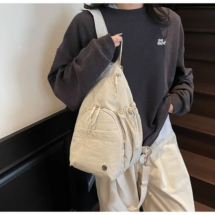 Women's Cream Cotton Chest Backpack with Drawstring Closure — feature 14