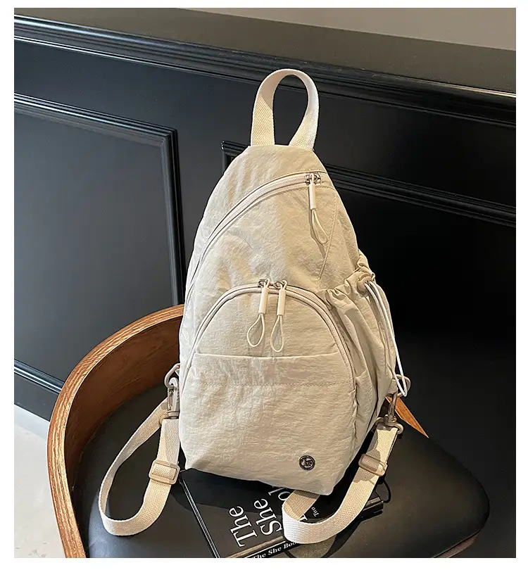 Women's Cream Cotton Chest Backpack with Drawstring Closure — feature 3