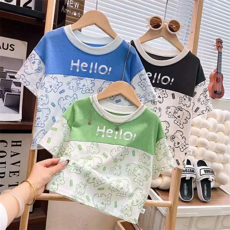 Boys Cotton Hello Print Short Sleeve T-Shirt Blue White — feature 1