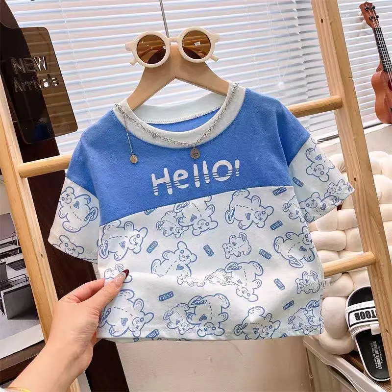 Boys Cotton Hello Print Short Sleeve T-Shirt Blue White — feature 3