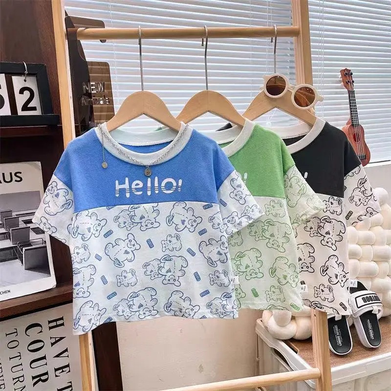 Boys Cotton Hello Print Short Sleeve T-Shirt Blue White — feature 4