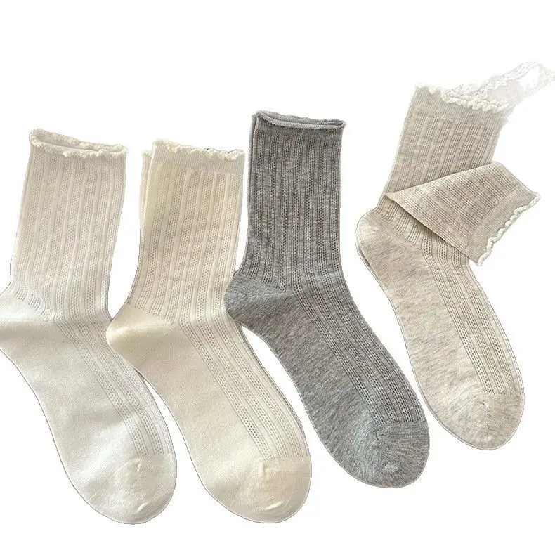 Socks Summer Women's Lace Pure Color Cut Out Breathable Thin Combed Cotton Women's Ins Casual Versatile Mesh Pile Socks