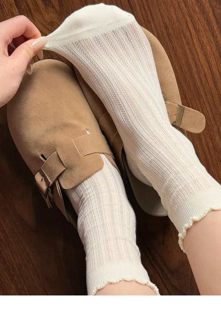 Socks Summer Women's Lace Pure Color Cut Out Breathable Thin Combed Cotton Women's Ins Casual Versatile Mesh Pile Socks — feature 11