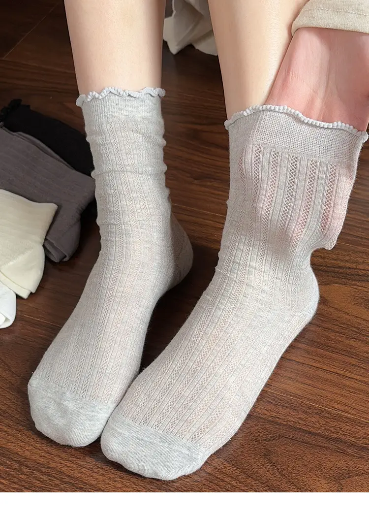 Socks Summer Women's Lace Pure Color Cut Out Breathable Thin Combed Cotton Women's Ins Casual Versatile Mesh Pile Socks — feature 14