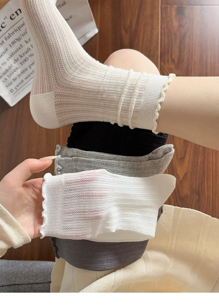 Socks Summer Women's Lace Pure Color Cut Out Breathable Thin Combed Cotton Women's Ins Casual Versatile Mesh Pile Socks — feature 9