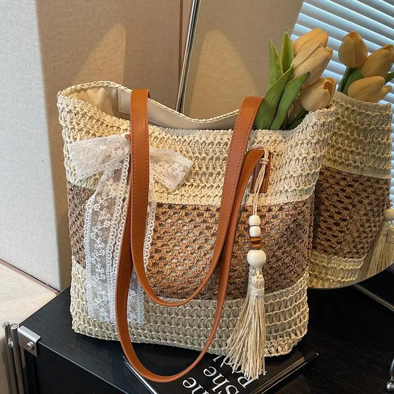 Women's Textured Shoulder Tote Bag with Tassel - Image 4