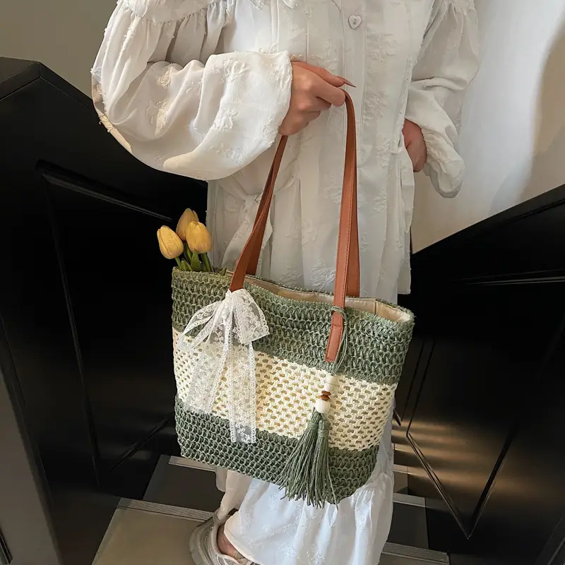 Women's Textured Shoulder Tote Bag with Tassel - Image 5