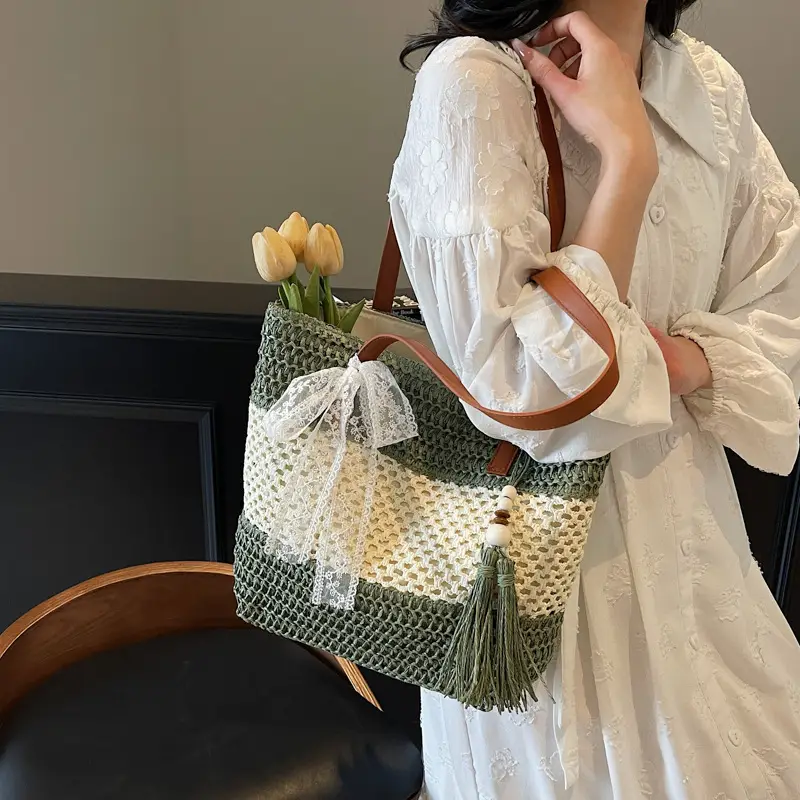 Women's Textured Shoulder Tote Bag with Tassel - Image 6