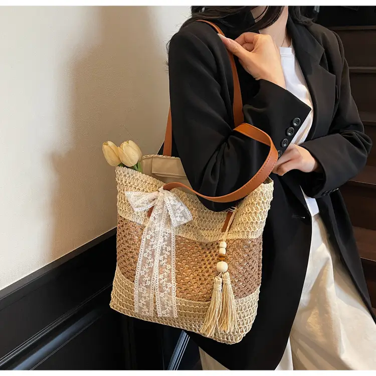 Women's Textured Shoulder Tote Bag with Tassel — feature 12