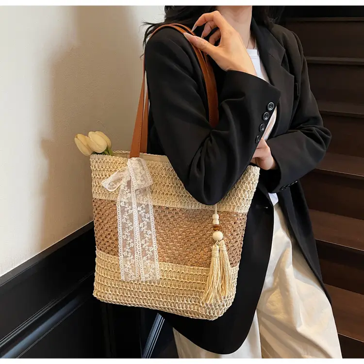 Women's Textured Shoulder Tote Bag with Tassel — feature 13