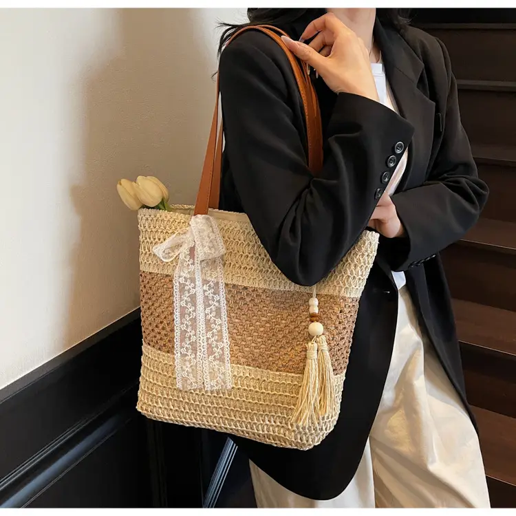Women's Textured Shoulder Tote Bag with Tassel — feature 14