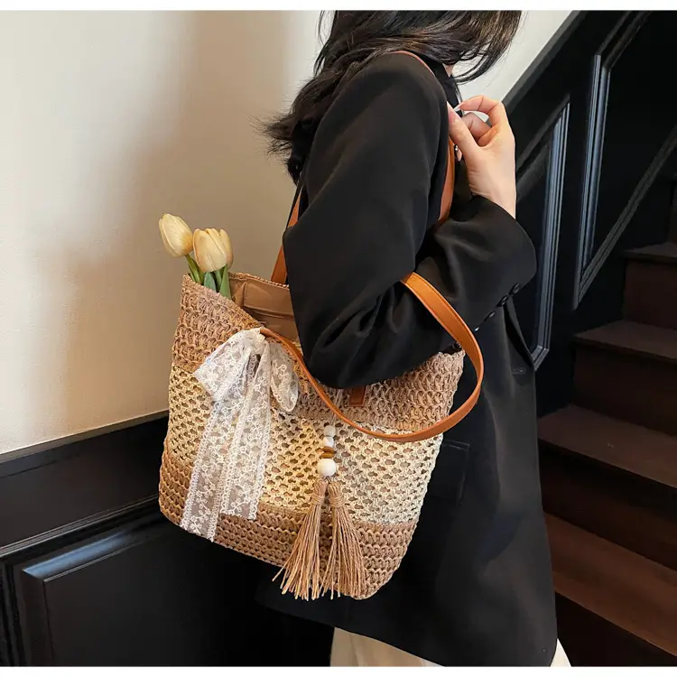 Women's Textured Shoulder Tote Bag with Tassel — feature 15