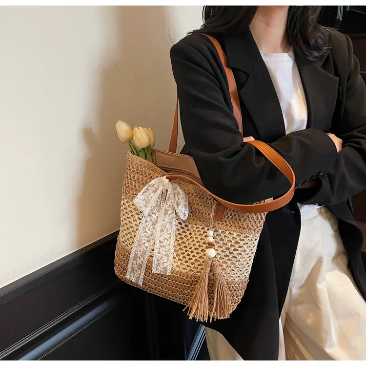 Women's Textured Shoulder Tote Bag with Tassel — feature 17