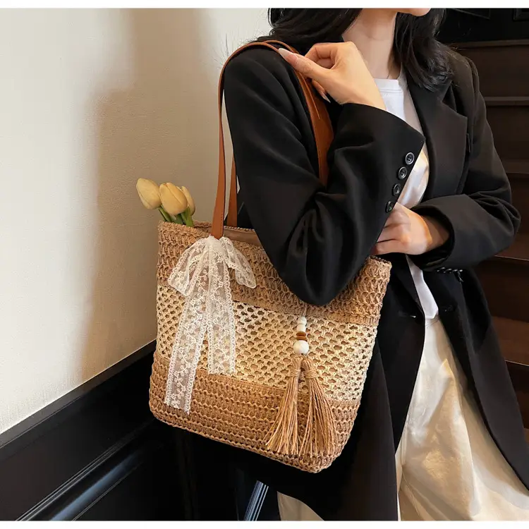 Women's Textured Shoulder Tote Bag with Tassel — feature 18