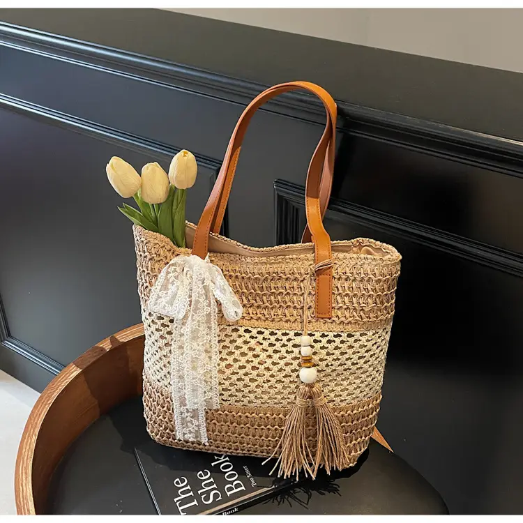 Women's Textured Shoulder Tote Bag with Tassel — feature 21