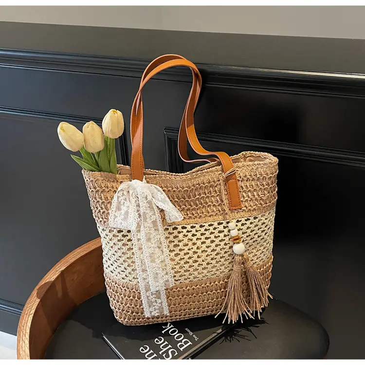 Women's Textured Shoulder Tote Bag with Tassel — feature 22