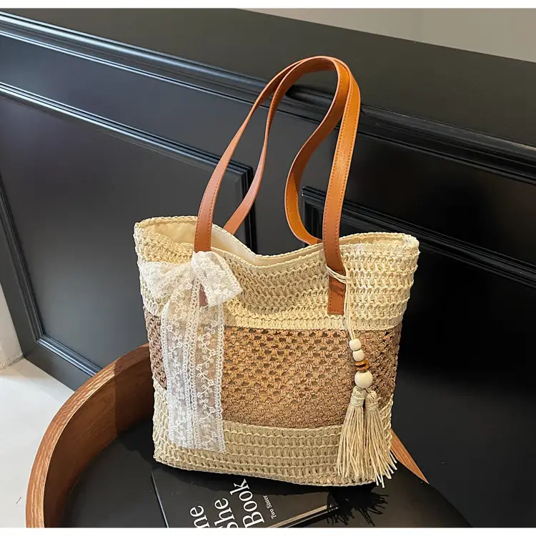 Women's Textured Shoulder Tote Bag with Tassel — feature 23