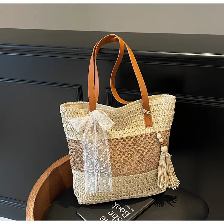 Women's Textured Shoulder Tote Bag with Tassel — feature 24