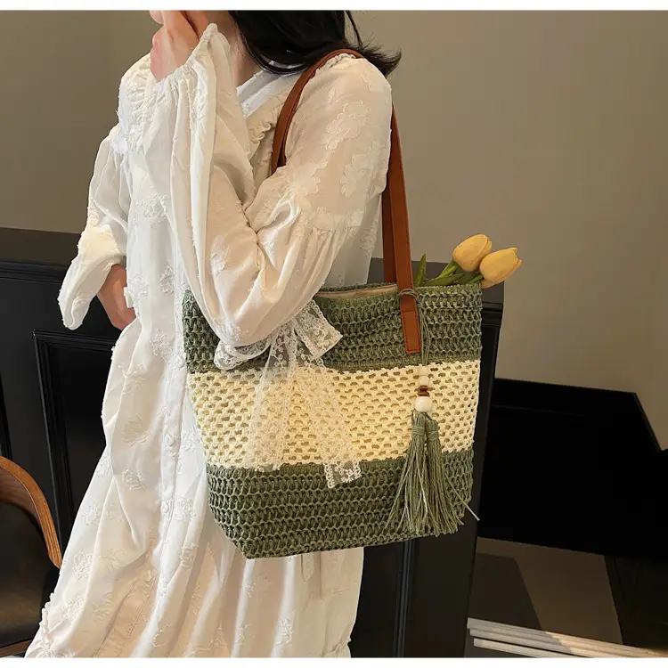 Women's Textured Shoulder Tote Bag with Tassel — feature 9